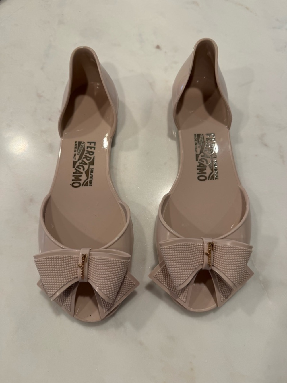 Salvatore Ferragamo Pale Pink Bow D'Orsay Jelly Flats